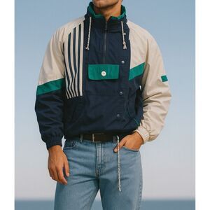 Vintage 90s Westport Mens Blue Patchwork Windbrkr Jacket sz S Nautical Preppy‎